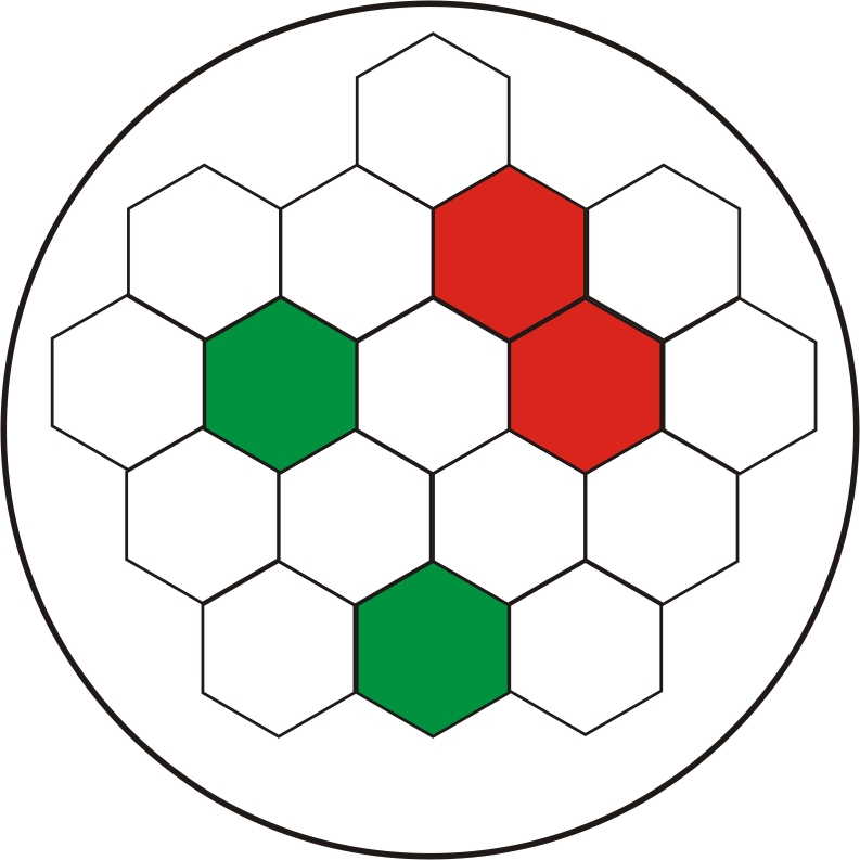 Minimum separabile (Auflösungssehschärfe). Rot: ein Punkt. Grün: zwei getrennt wahrgenommene Punkte.