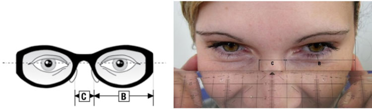 Maß C: Breite der Nase Maß B: Breite des Brillenglases