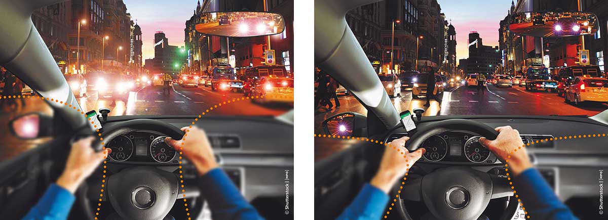 Links: Standard-Brillenglas / Rechts: MPO Touring